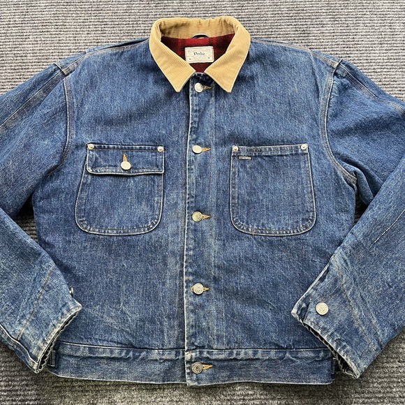 Vintage Polo Ralph Lauren Denim Blanket Jacket Buffalo Plaid Wool Lined USA Made - Picture 1 of 14